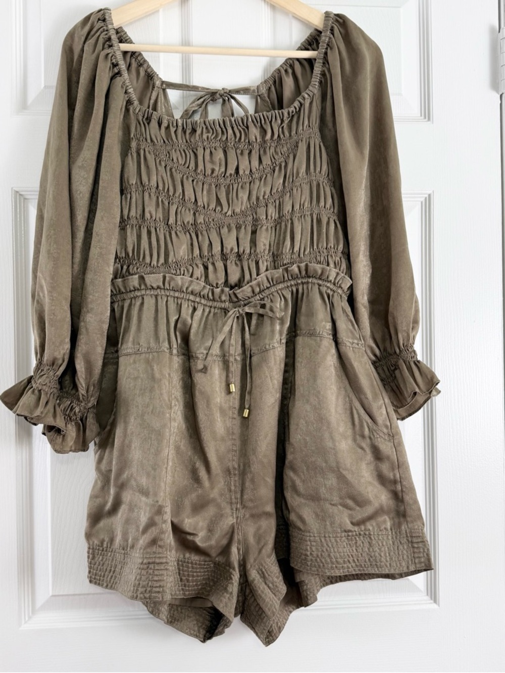 NWOT Free People Satin Smocked Olive-Brown Short Romper Medium 8/10 - Picture 2 of 9
